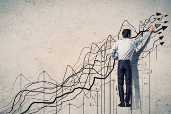 Digital Illustration of man on ladder painting arrows showing an upward trend