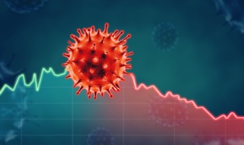 digital illustration of a coronavirus in front a down-turn graph