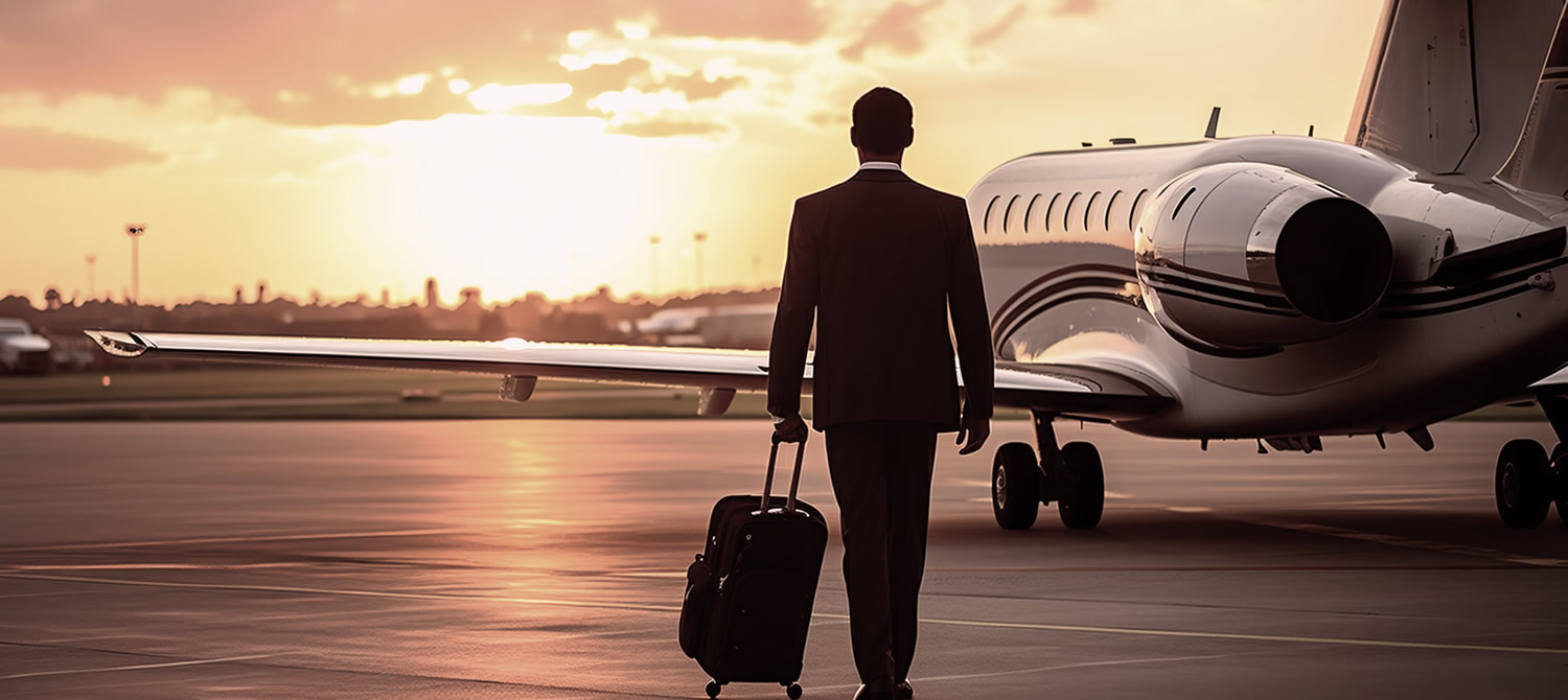 AdobeStock_713006861 Business traveler boarding a private jet with luggage for luxury travel and corporate trip