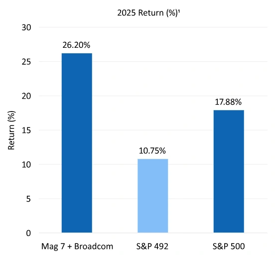 Bar chart showing 2025 return in % for Mag 7 + Broadcom, S&P 492, S&P 500